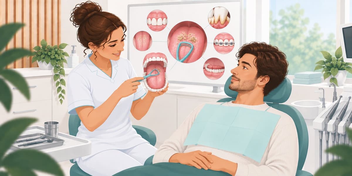 De mondhygiënist laat op een gebitsmodel zien hoe je je tong reinigt met een tongschraper, met op het scherm erachter mogelijke oorzaken van een slechte adem zoals beslag op de tong en tandsteen
