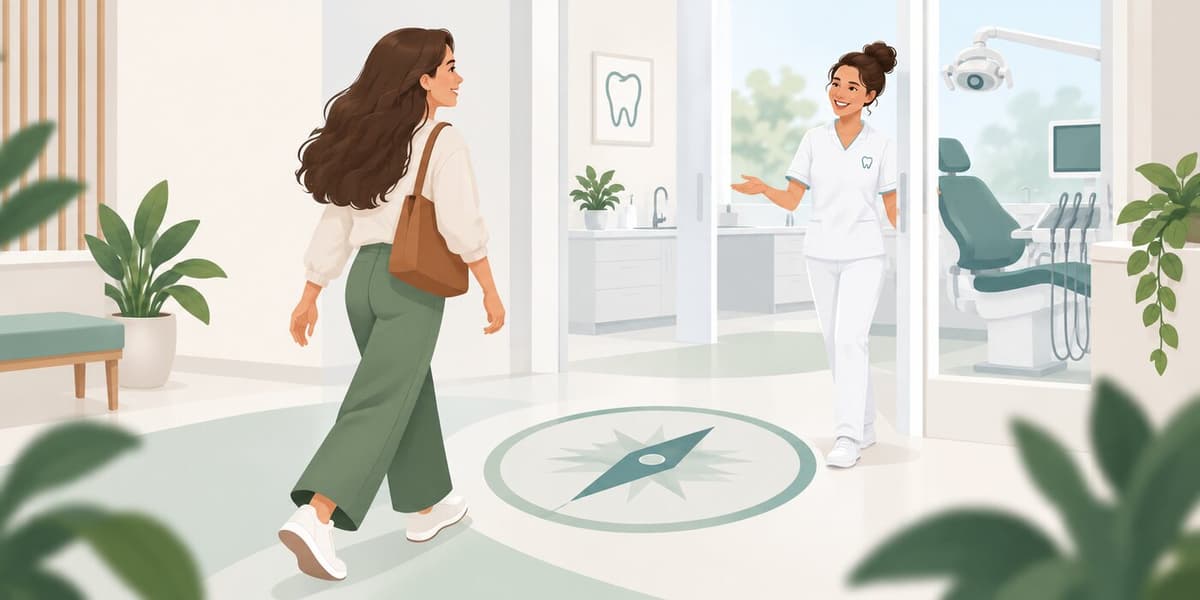 Een patiënte loopt zelf de praktijk binnen en wordt door de mondhygiënist bij de behandelkamer verwelkomd