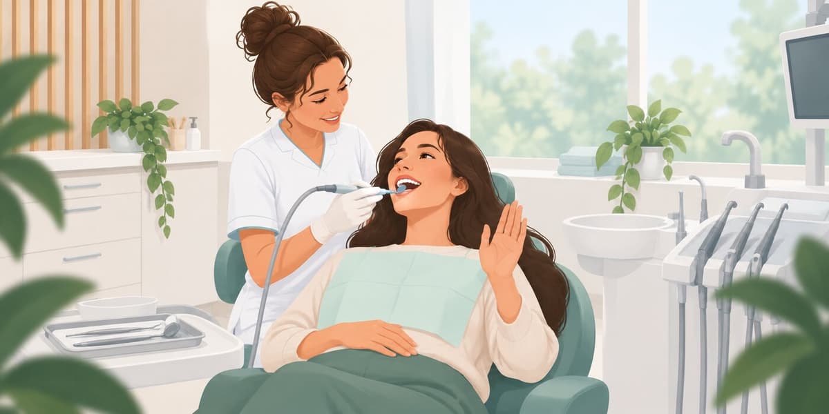 Een ontspannen patiënte in de behandelstoel steekt haar hand op als afgesproken stopteken terwijl de mondhygiënist haar gebit reinigt