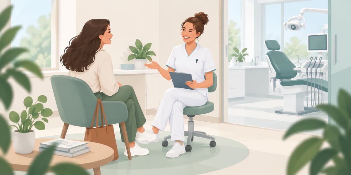Een patiënte en de mondhygiënist met een klembord zitten tegenover elkaar in gesprek, voordat de behandeling begint