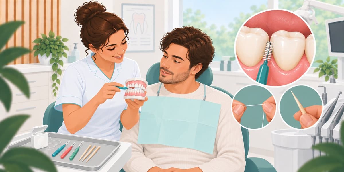 De mondhygiënist laat een patiënt op een gebitsmodel zien hoe je tussen je tanden reinigt, met uitvergrotingen van een rager, floss en een tandenstoker