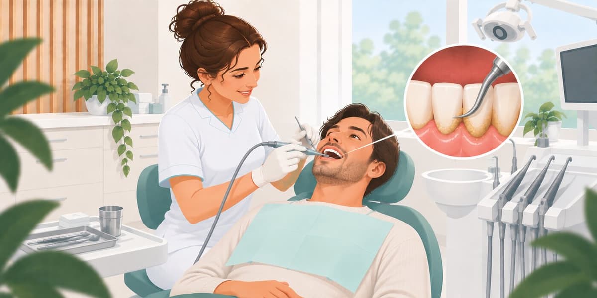 De mondhygiënist verwijdert tandsteen bij een patiënt in de behandelstoel, met een uitvergroting van een instrument dat tandsteen langs de tandvleesrand weghaalt