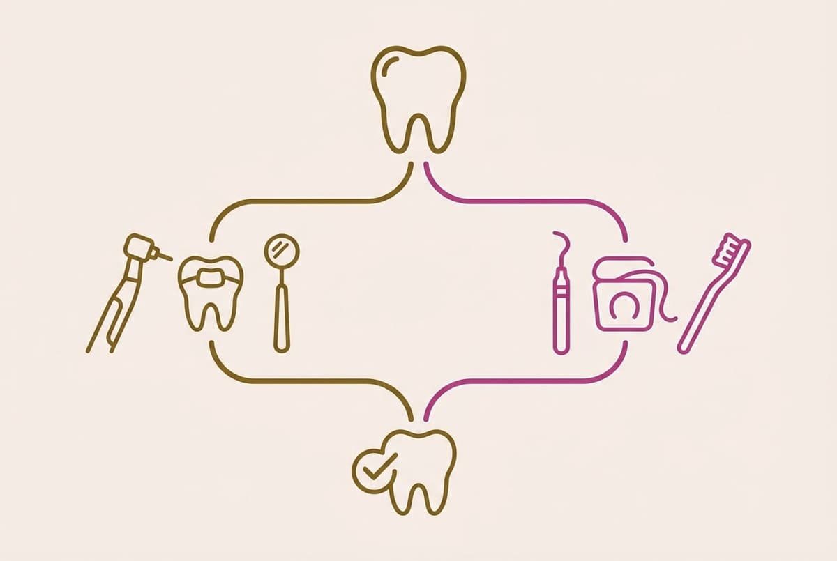 Schema dat het verschil laat zien tussen de tandarts, gericht op herstel met boor en vulling, en de mondhygiënist, gericht op preventie met reiniging, floss en tandenborstel